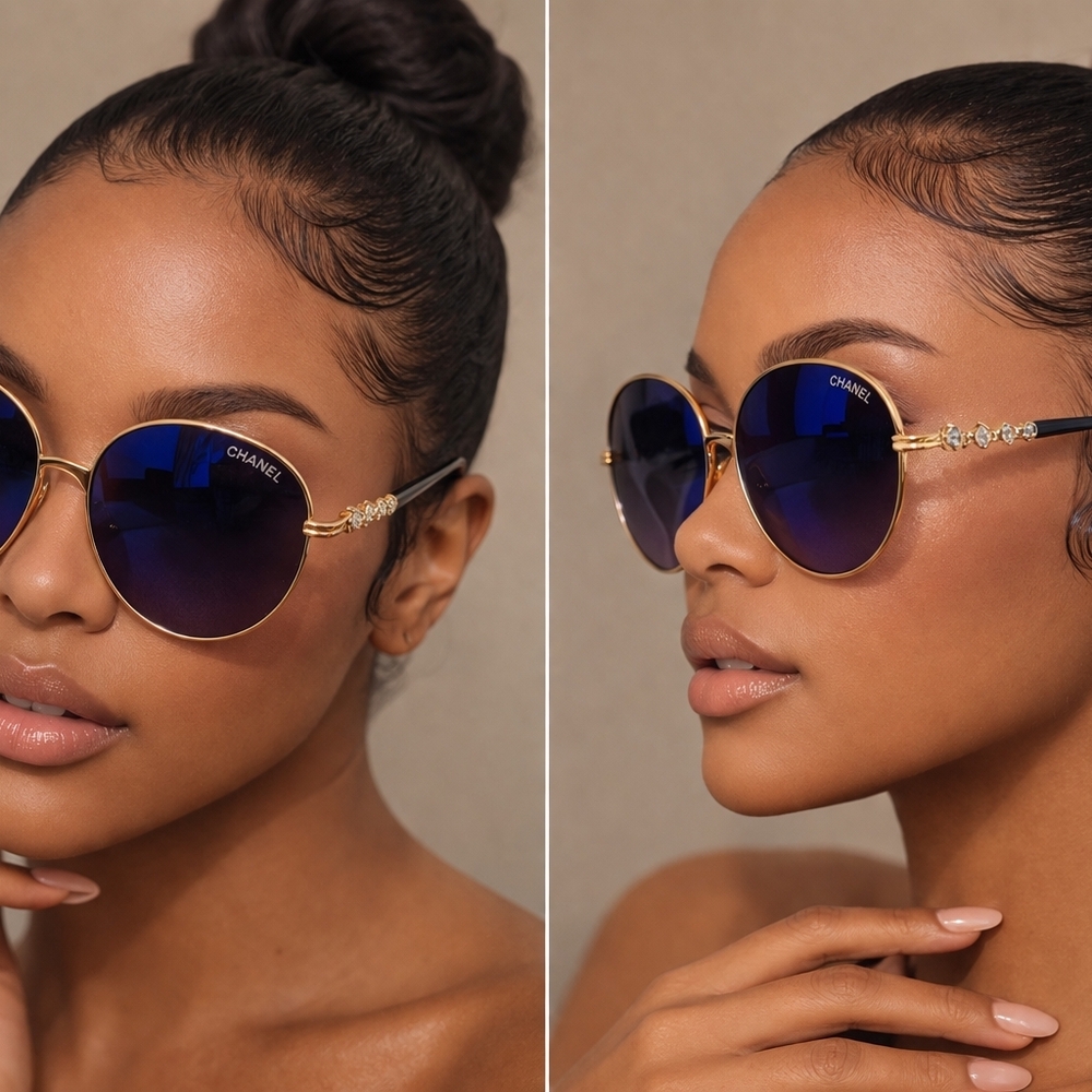 CHANEL Round Sunglasses with Deep Blue Gradient Lenses and Gold Frame